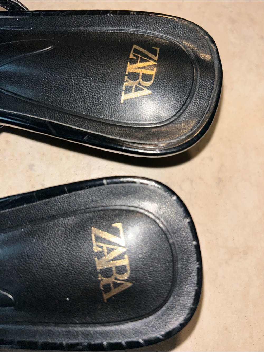 Zara Black Croc-Embossed Thong Heeled Sandals Square Toe - Picture 3 of 6